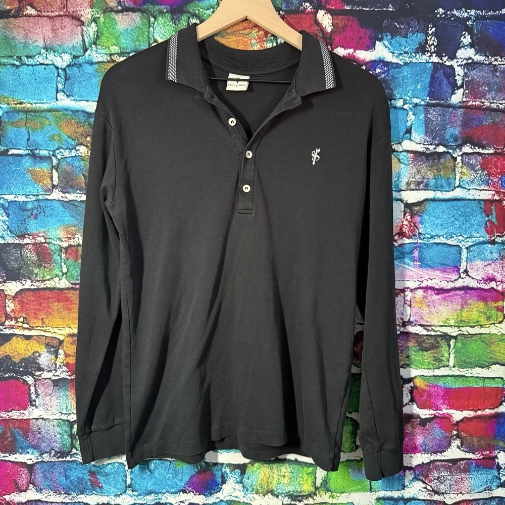 Father Sons Super Slim Stretch Polo Mens Black LS Grandad Collar 100% Cotton